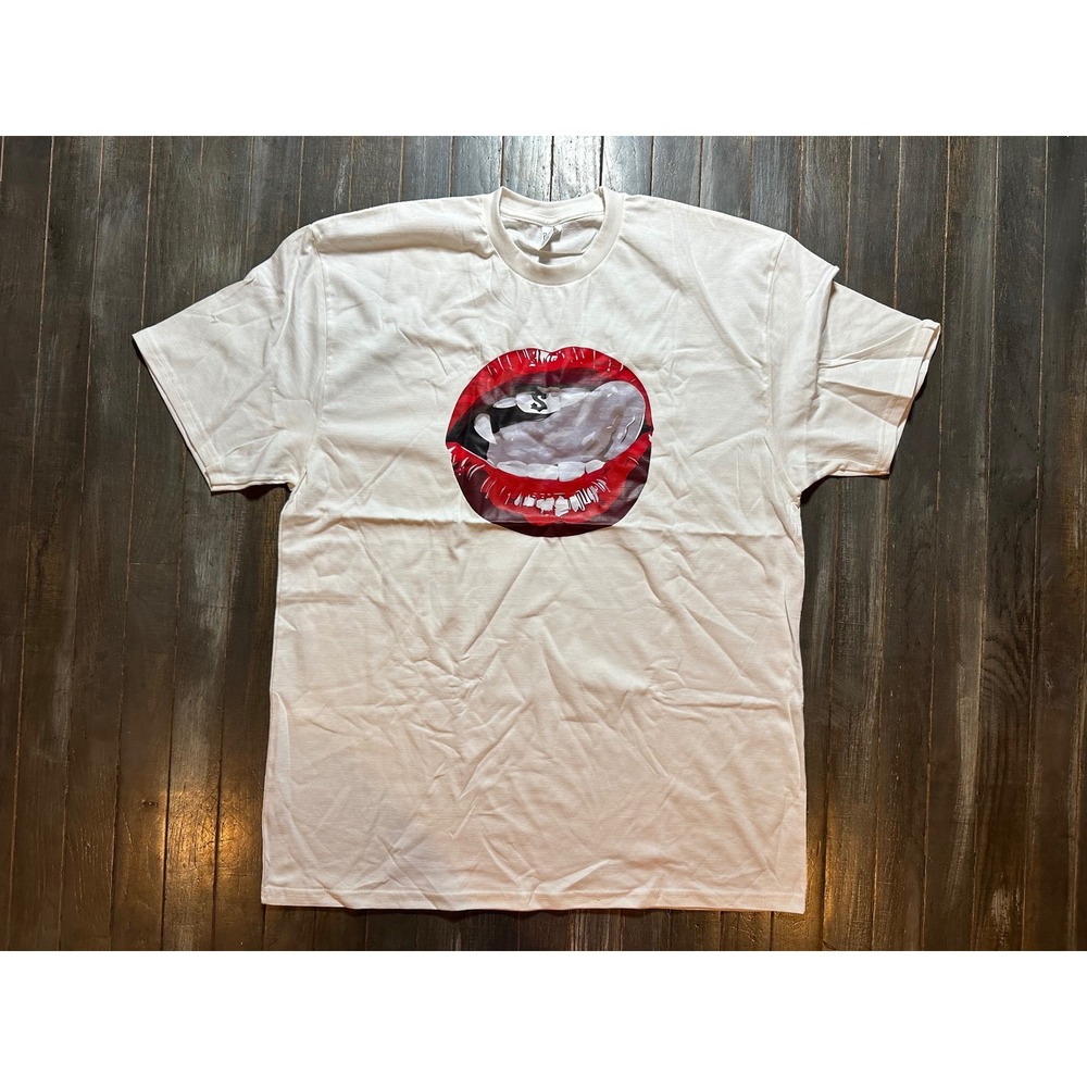 Pacific Mens Graphic T-Shirt White Red Lips Dollar Sign Tongue Cotton